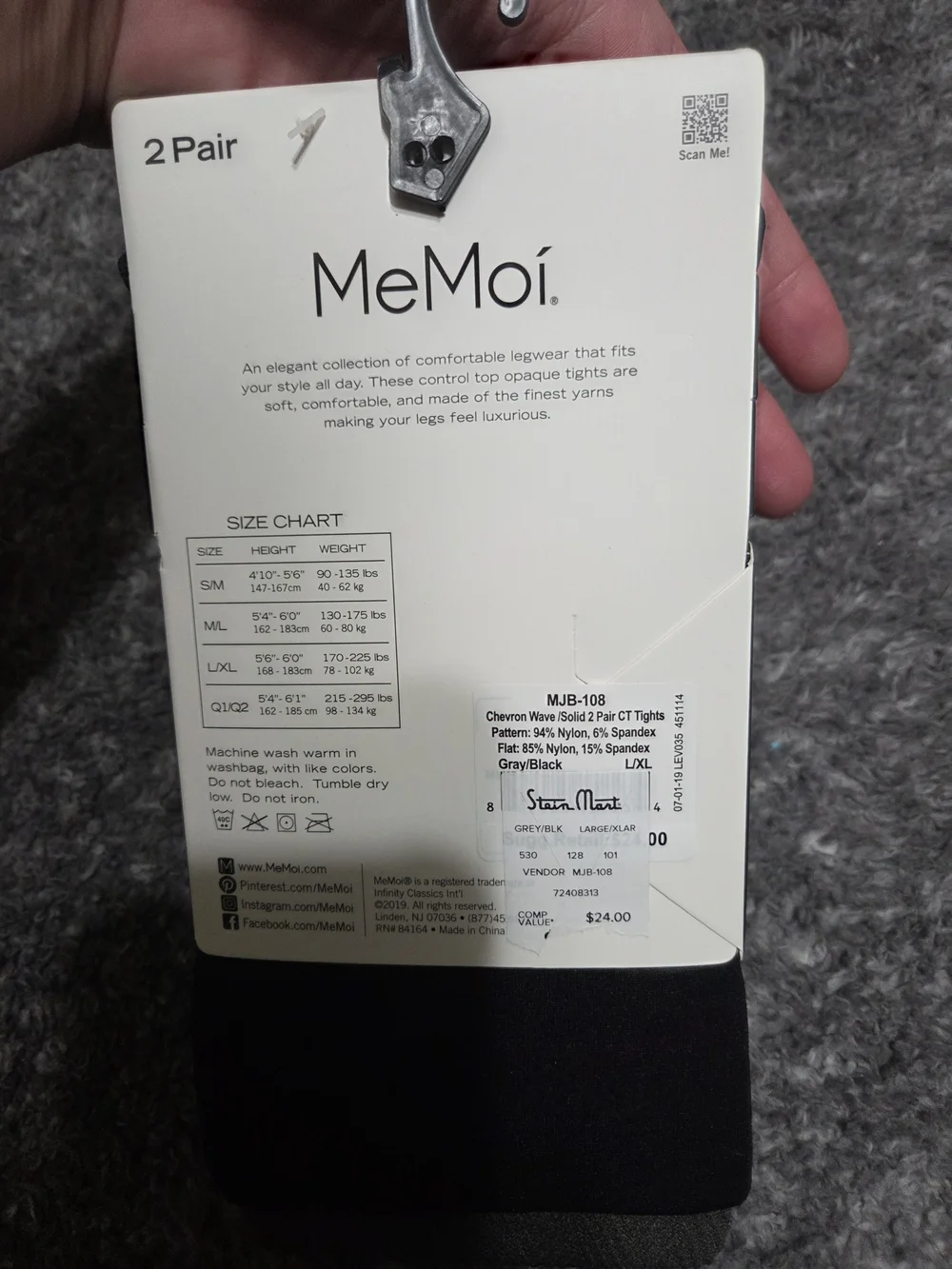 MeMoi Women's Gray/Black Opaque Control Top Tights - L/XL, 2-Pack